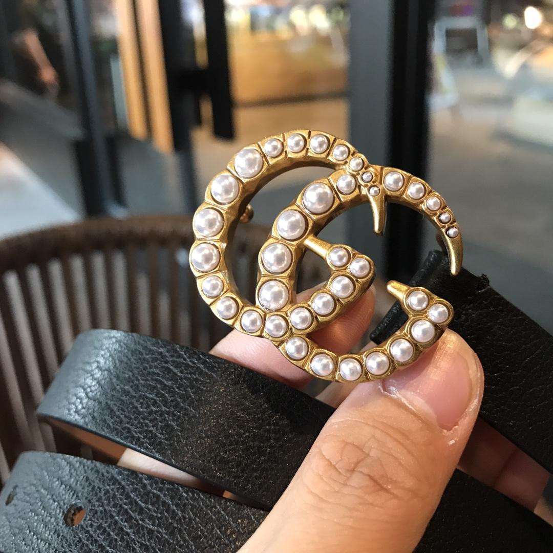 G*u*i leather belt with pearl double g buckle 476342
