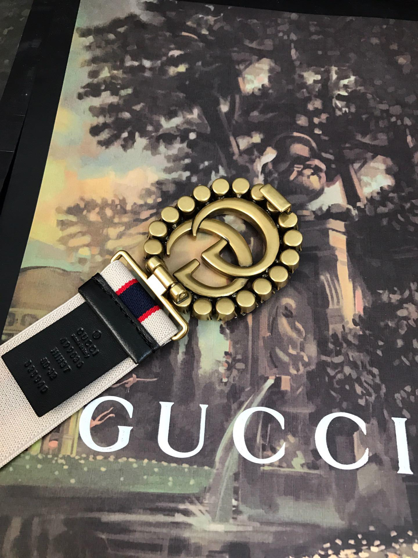 G*u*i stripe belt with double g and crystals 499696