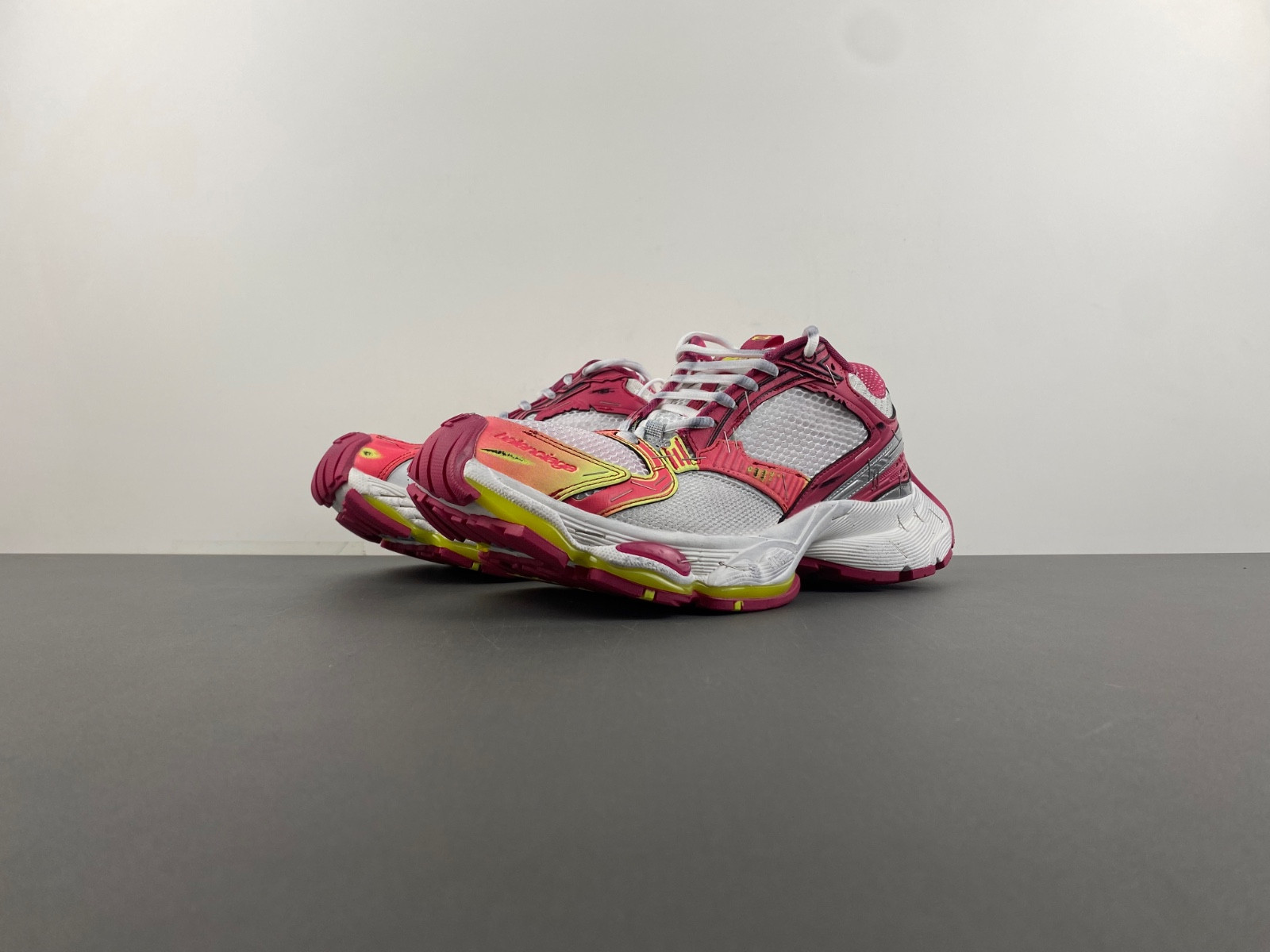 Ba*len*cia*ga men''s stapler sneaker in white/pink/neon yellow/silver