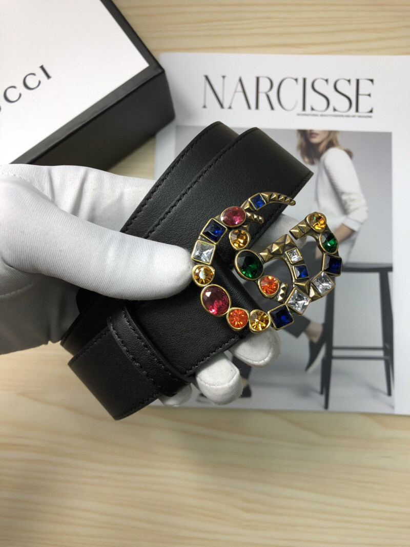 G*u*i leather belt with crystal double g buckle 513183