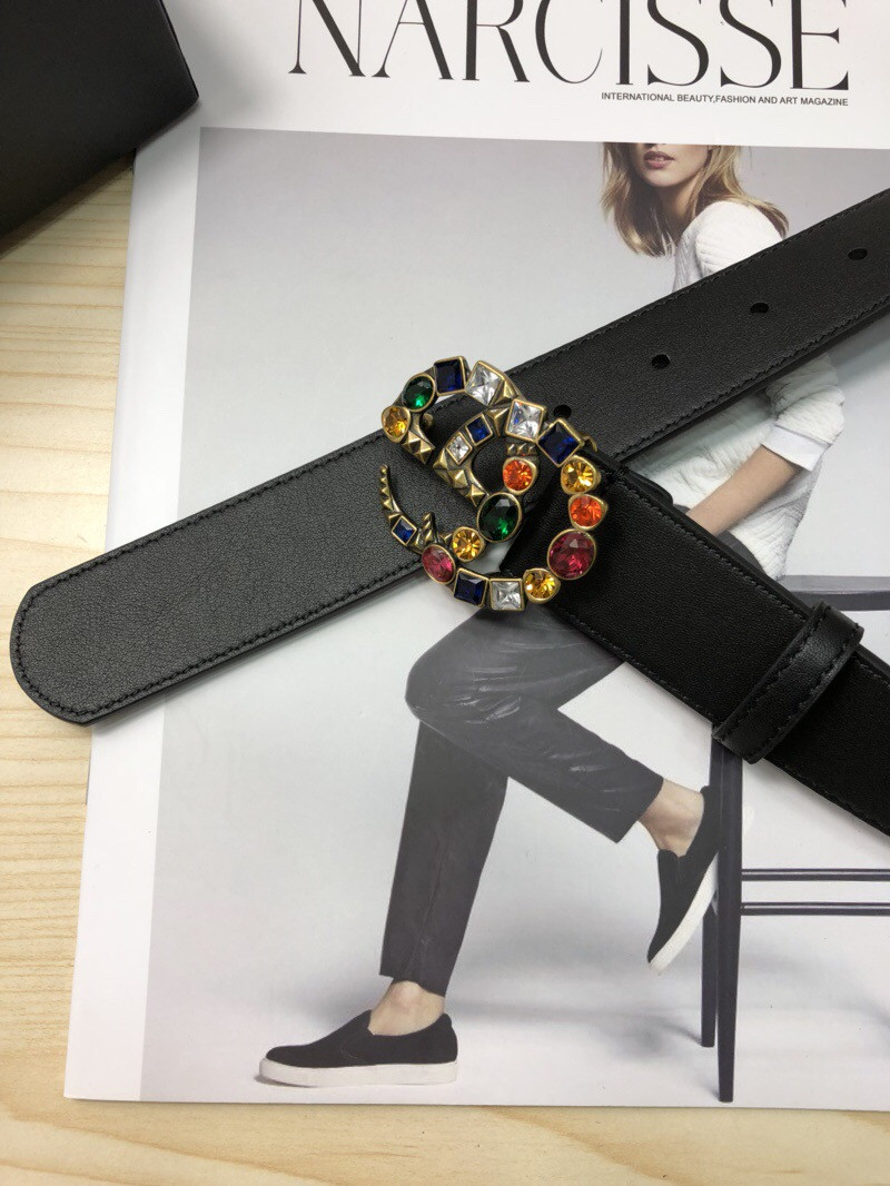 G*u*i leather belt with crystal double g buckle 513183